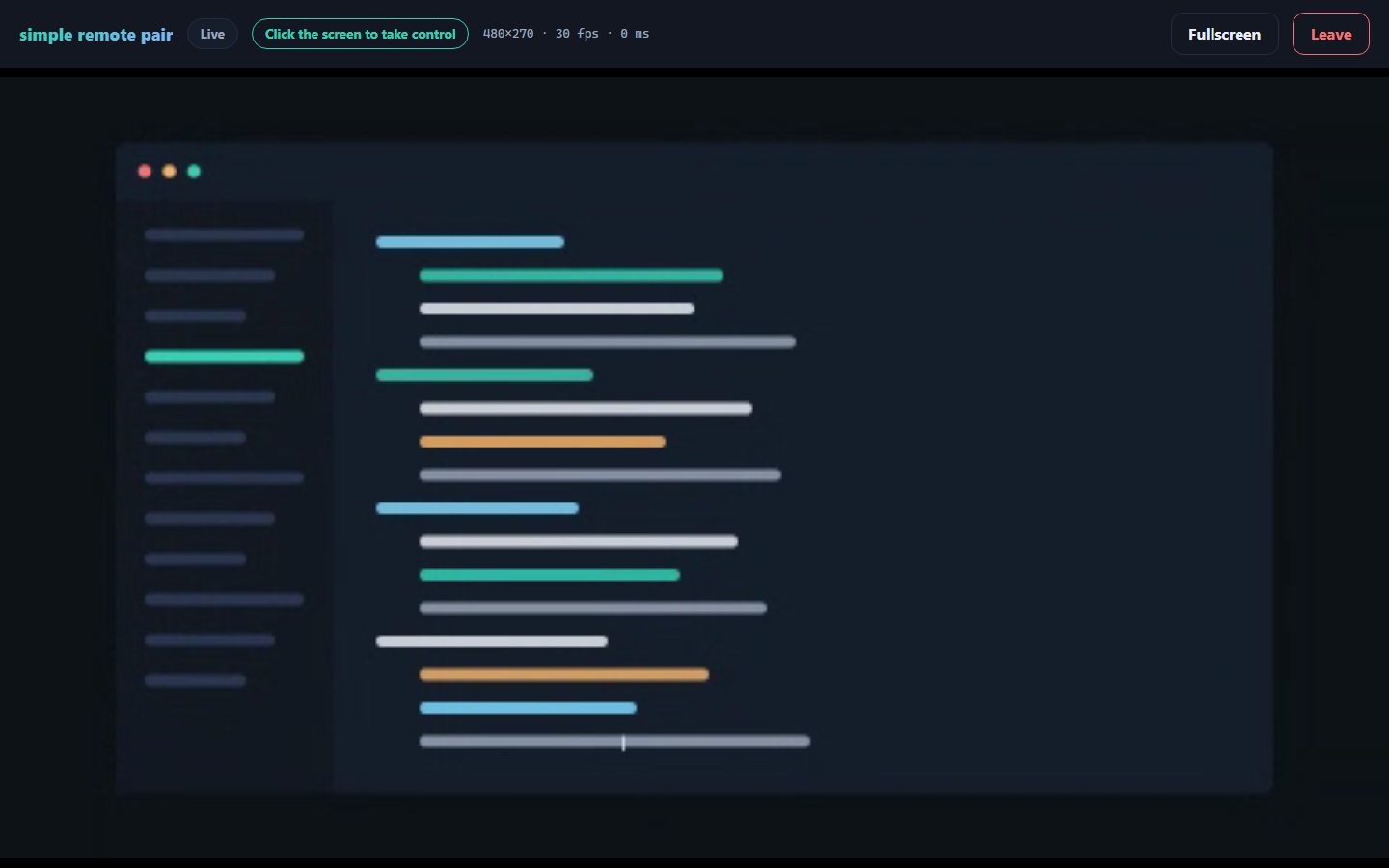 Guest view of a live session: remote screen with control available, resolution and latency stats in the toolbar